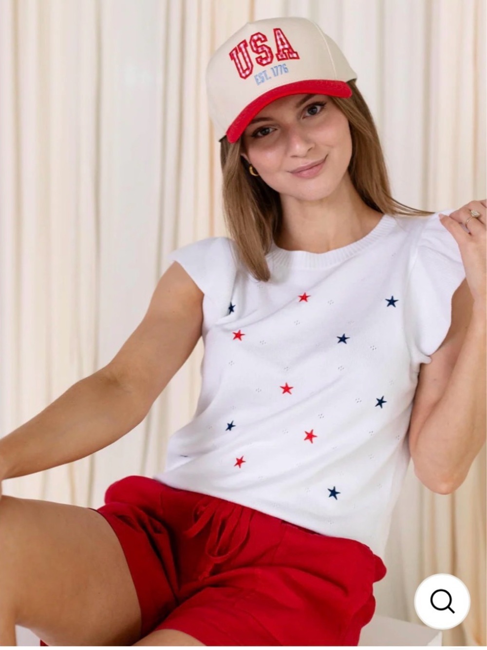 White Star-Embroidered Ruffle Sleeve Sweater